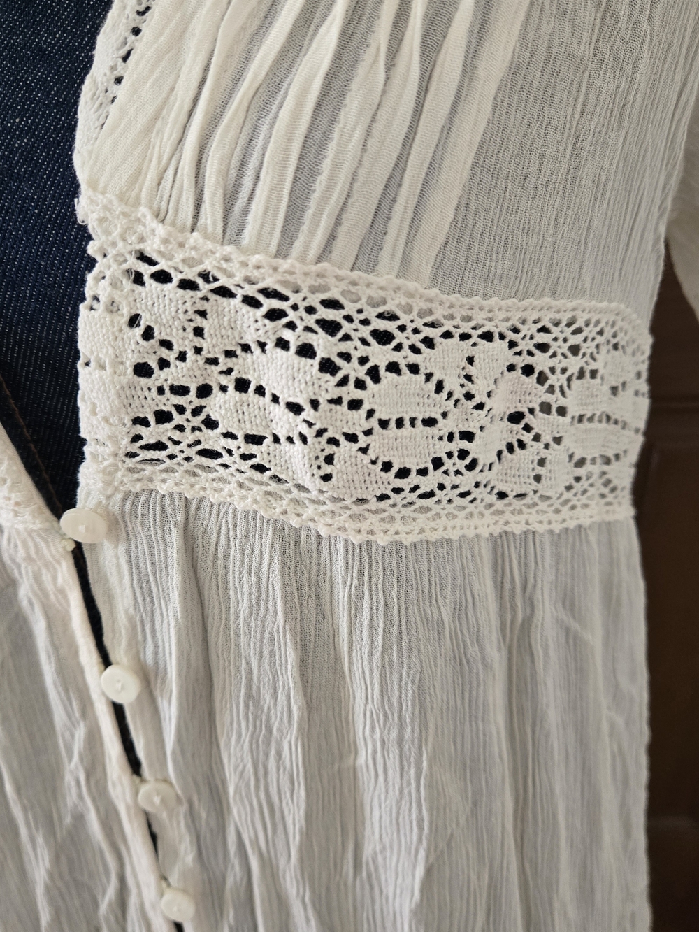 Boho White Button-Front Maxi Dress with Lace Panels - Picture 3 of 6